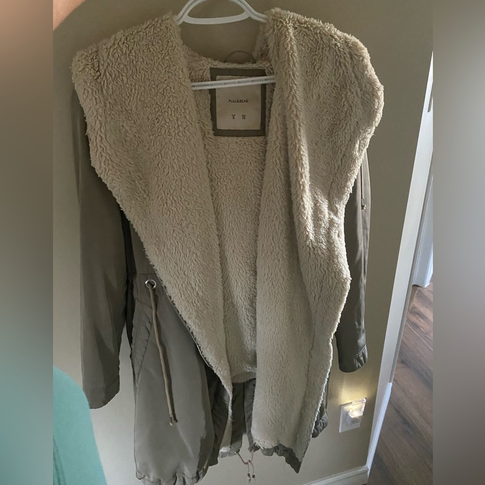 Pull&Bear Cream and Gray Teddy Jacket